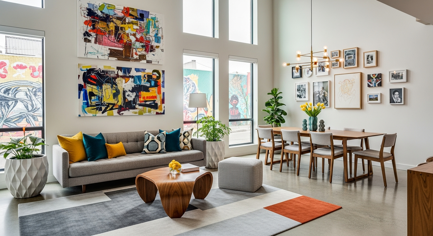Stylish modern Denver home interior in an arts district with creative tasteful design and bright light